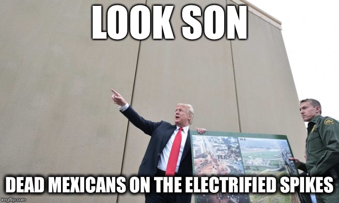 LOOK SON; DEAD MEXICANS ON THE ELECTRIFIED SPIKES | image tagged in donald trump,trump wall,memes,mexican wall | made w/ Imgflip meme maker
