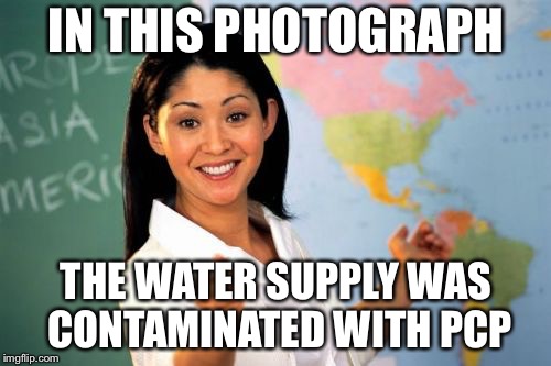 Teacher | IN THIS PHOTOGRAPH THE WATER SUPPLY WAS CONTAMINATED WITH PCP | image tagged in teacher | made w/ Imgflip meme maker