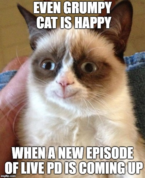 Grumpy Cat Happy | EVEN GRUMPY CAT IS HAPPY; WHEN A NEW EPISODE OF LIVE PD IS COMING UP | image tagged in memes,grumpy cat happy,grumpy cat | made w/ Imgflip meme maker