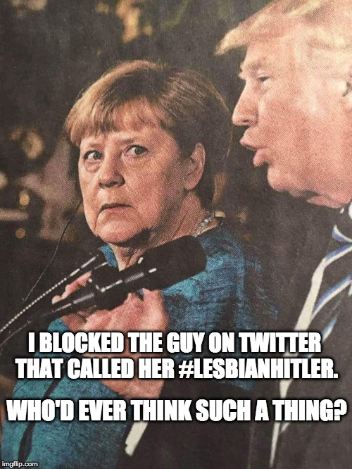 LesbianHitler | I BLOCKED THE GUY ON TWITTER THAT CALLED HER #LESBIANHITLER. WHO'D EVER THINK SUCH A THING? | image tagged in donald trump,angela merkel | made w/ Imgflip meme maker