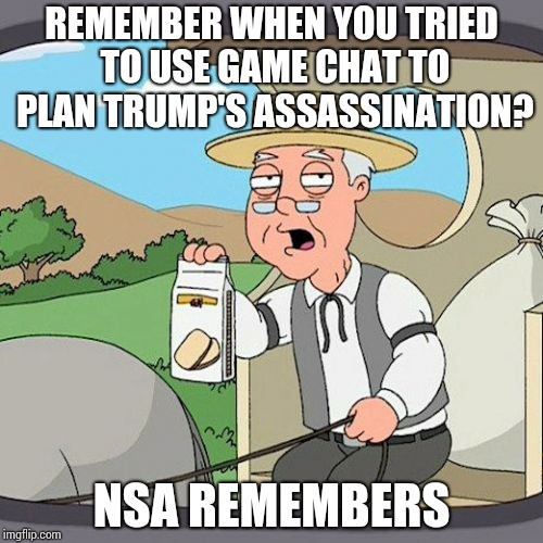 Pepperidge Farm Remembers | REMEMBER WHEN YOU TRIED TO USE GAME CHAT TO PLAN TRUMP'S ASSASSINATION? NSA REMEMBERS | image tagged in memes,pepperidge farm remembers | made w/ Imgflip meme maker
