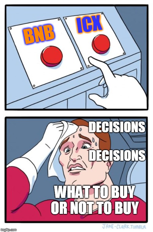 Two Buttons Meme | ICX; BNB; DECISIONS; DECISIONS; WHAT TO BUY OR NOT TO BUY | image tagged in memes,two buttons | made w/ Imgflip meme maker