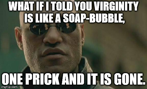 Matrix Morpheus Meme | WHAT IF I TOLD YOU VIRGINITY IS LIKE A SOAP-BUBBLE, ONE PRICK AND IT IS GONE. | image tagged in memes,matrix morpheus | made w/ Imgflip meme maker