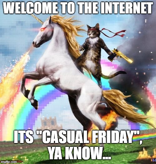 Welcome To The Internets Meme | WELCOME TO THE INTERNET; ITS "CASUAL FRIDAY", YA KNOW... | image tagged in memes,welcome to the internets | made w/ Imgflip meme maker