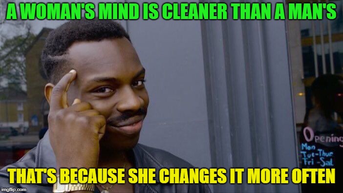 Made from recycled content and stuff | A WOMAN'S MIND IS CLEANER THAN A MAN'S; THAT'S BECAUSE SHE CHANGES IT MORE OFTEN | image tagged in memes,roll safe think about it,recycle | made w/ Imgflip meme maker
