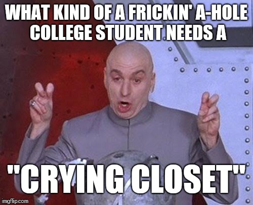 Dr Evil Laser Meme | WHAT KIND OF A FRICKIN' A-HOLE COLLEGE STUDENT NEEDS A; "CRYING CLOSET" | image tagged in memes,dr evil laser | made w/ Imgflip meme maker