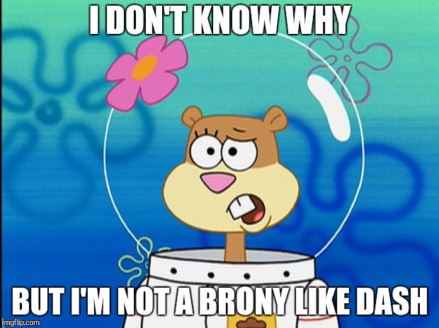Sandy the non-brony (Tomboy week, a What_Is_A_Family_Undertale event) | I DON'T KNOW WHY; BUT I'M NOT A BRONY LIKE DASH | image tagged in tomboy week,dashhopes,brony,mlp,sandy from spongebob,sandy cheeks | made w/ Imgflip meme maker