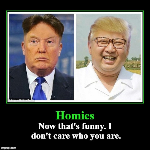 Homies | Homies | Now that's funny. I don't care who you are. | image tagged in funny,donald j trump,kim jong un,peace in our time,north korea | made w/ Imgflip demotivational maker