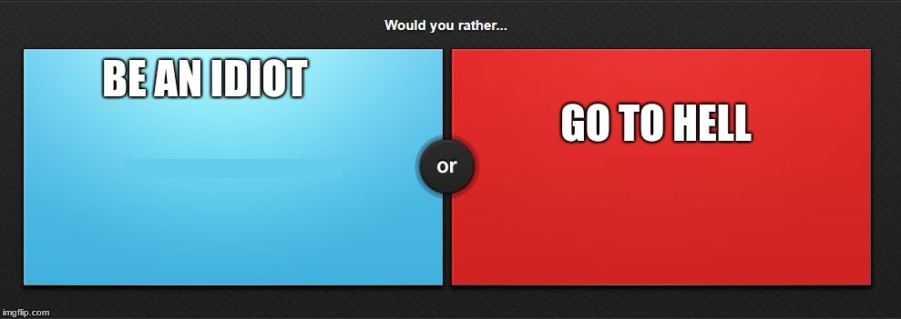 Would you rather | BE AN IDIOT; GO TO HELL | image tagged in would you rather | made w/ Imgflip meme maker