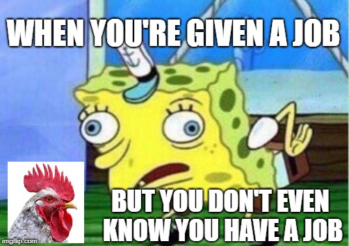 Mocking Spongebob | WHEN YOU'RE GIVEN A JOB; BUT YOU DON'T EVEN KNOW YOU HAVE A JOB | image tagged in memes,mocking spongebob | made w/ Imgflip meme maker