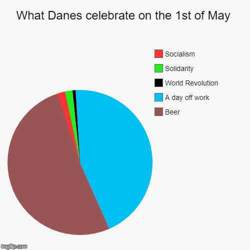 Can't speak for the rest of the world but I'm guessing it's pretty much the same. | What Danes celebrate on the 1st of May | Beer, A day off work, World Revolution, Solidarity, Socialism | image tagged in funny,pie charts,may 1st,may day | made w/ Imgflip chart maker