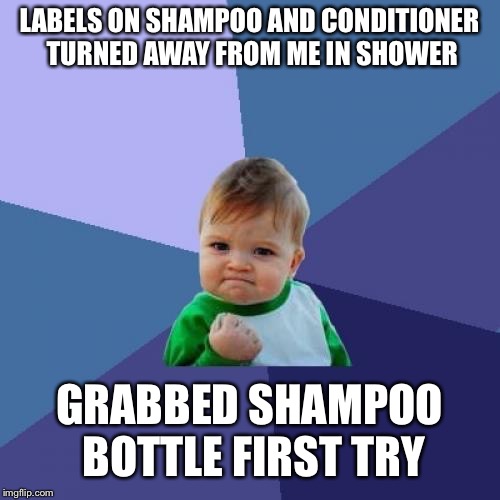 It’s the small things | LABELS ON SHAMPOO AND CONDITIONER TURNED AWAY FROM ME IN SHOWER; GRABBED SHAMPOO BOTTLE FIRST TRY | image tagged in memes,success kid | made w/ Imgflip meme maker