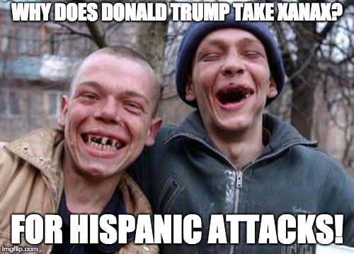 Ugly Twins Meme | WHY DOES DONALD TRUMP TAKE XANAX? FOR HISPANIC ATTACKS! | image tagged in memes,ugly twins | made w/ Imgflip meme maker