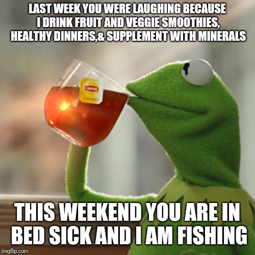 But That's None Of My Business Meme | LAST WEEK YOU WERE LAUGHING BECAUSE I DRINK FRUIT AND VEGGIE SMOOTHIES, HEALTHY DINNERS,& SUPPLEMENT WITH MINERALS; THIS WEEKEND YOU ARE IN BED SICK AND I AM FISHING | image tagged in memes,but thats none of my business,kermit the frog | made w/ Imgflip meme maker