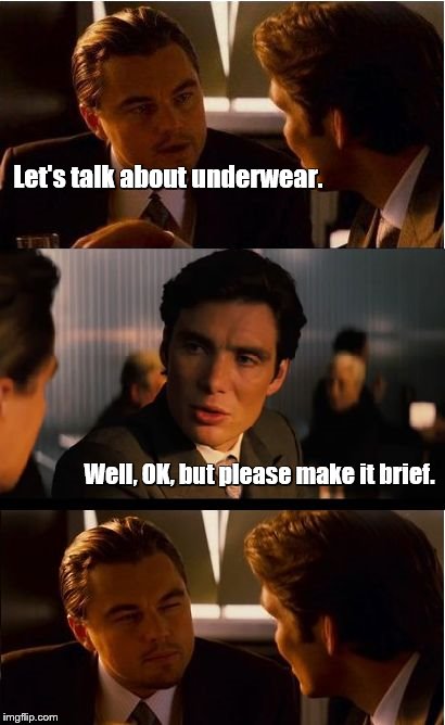 Inception Meme | Let's talk about underwear. Well, OK, but please make it brief. | image tagged in memes,inception,bad puns,underwear | made w/ Imgflip meme maker