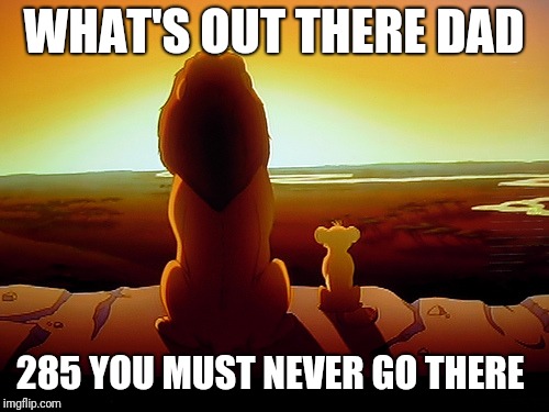 Lion King | WHAT'S OUT THERE DAD; 285 YOU MUST NEVER GO THERE | image tagged in memes,lion king | made w/ Imgflip meme maker