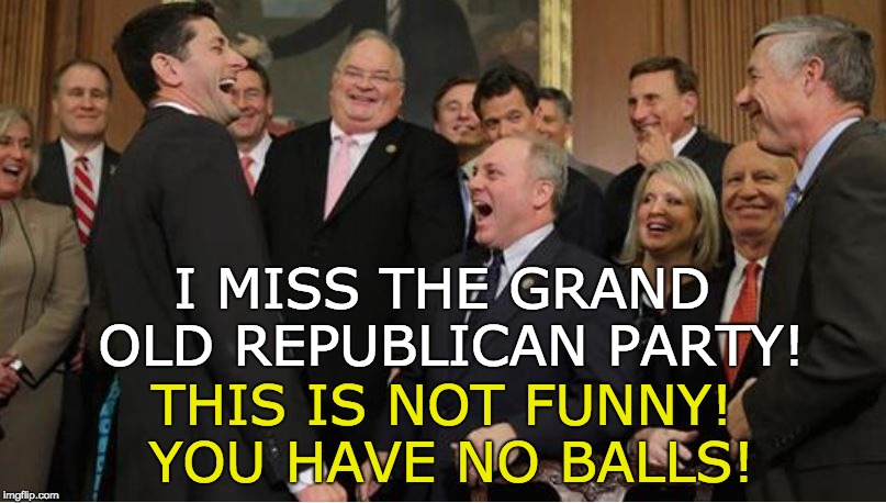 I miss the GOP - not funny! | I MISS THE GRAND OLD REPUBLICAN PARTY! THIS IS NOT FUNNY! YOU HAVE NO BALLS! | image tagged in republican,no balls,trump,trumpkin,trumpian,trumpery | made w/ Imgflip meme maker