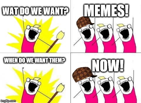 What Do We Want Meme | MEMES! WAT DO WE WANT? WHEN DO WE WANT THEM? NOW! | image tagged in memes,what do we want,scumbag | made w/ Imgflip meme maker