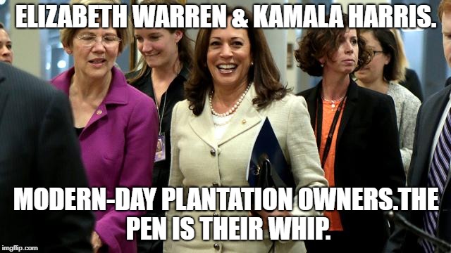 Modern-day slave owners. | ELIZABETH WARREN & KAMALA HARRIS. MODERN-DAY PLANTATION OWNERS.THE PEN IS THEIR WHIP. | image tagged in slavery,democratic party,kamala harris,elizabeth warren | made w/ Imgflip meme maker