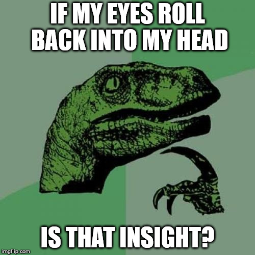 Philosoraptor Meme | IF MY EYES ROLL BACK INTO MY HEAD; IS THAT INSIGHT? | image tagged in memes,philosoraptor | made w/ Imgflip meme maker