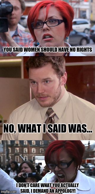 Arguing with a feminist | YOU SAID WOMEN SHOULD HAVE NO RIGHTS; NO, WHAT I SAID WAS... I DON'T CARE WHAT YOU ACTUALLY SAID, I DEMAND AN APPOLOGY! | image tagged in memes,feminist,angry feminist,afraid to ask andy | made w/ Imgflip meme maker