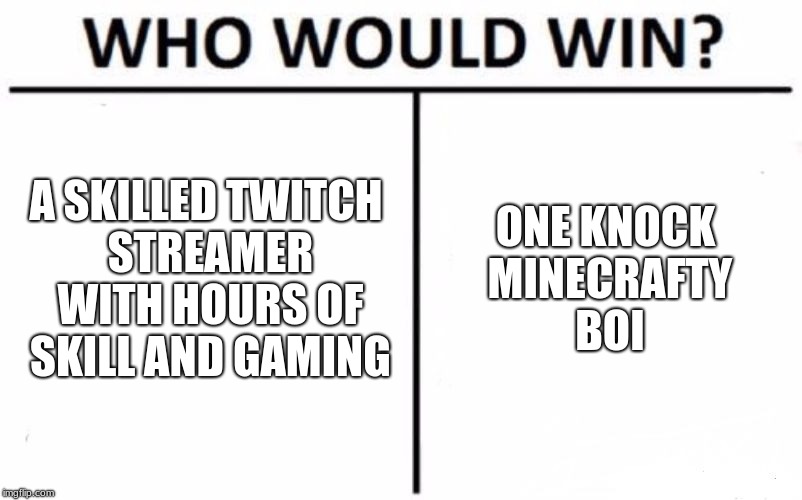 Who Would Win? | A SKILLED TWITCH STREAMER WITH HOURS OF SKILL AND GAMING; ONE KNOCK MINECRAFTY BOI | image tagged in memes,who would win | made w/ Imgflip meme maker