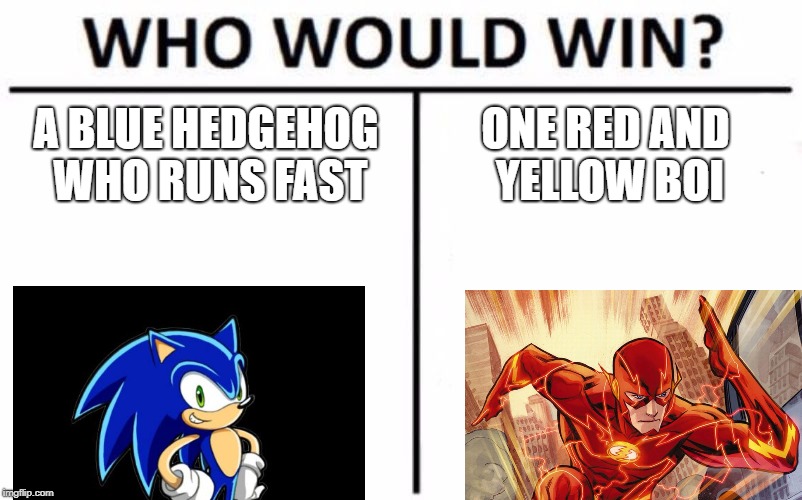 Who Would Win? Meme | A BLUE HEDGEHOG WHO RUNS FAST; ONE RED AND YELLOW BOI | image tagged in memes,who would win | made w/ Imgflip meme maker
