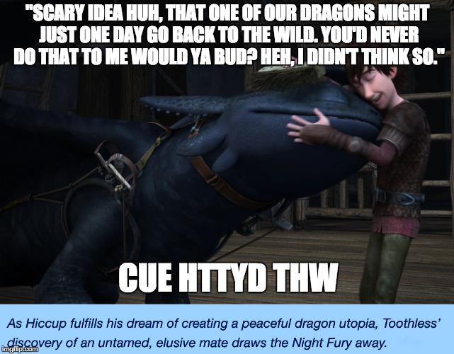 "SCARY IDEA HUH, THAT ONE OF OUR DRAGONS MIGHT JUST ONE DAY GO BACK TO THE WILD. YOU'D NEVER DO THAT TO ME WOULD YA BUD? HEH, I DIDN'T THINK SO."; CUE HTTYD THW | image tagged in how to train your dragon,toothless,hiccup | made w/ Imgflip meme maker