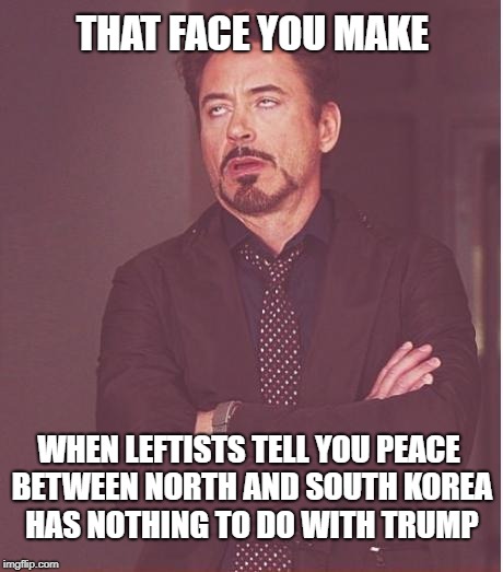 Face You Make Robert Downey Jr | THAT FACE YOU MAKE; WHEN LEFTISTS TELL YOU PEACE BETWEEN NORTH AND SOUTH KOREA HAS NOTHING TO DO WITH TRUMP | image tagged in memes,face you make robert downey jr | made w/ Imgflip meme maker