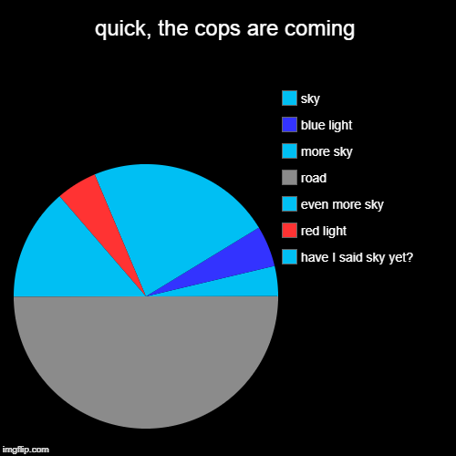 quick, the cops are coming | have I said sky yet?, red light, even more sky, road, more sky, blue light, sky | image tagged in funny,pie charts,cops,lights,art,quick | made w/ Imgflip chart maker
