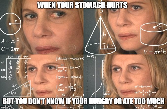 When Your Stomach Hurts
 | WHEN YOUR STOMACH HURTS; BUT YOU DON'T KNOW IF YOUR HUNGRY OR ATE TOO MUCH | image tagged in math lady | made w/ Imgflip meme maker