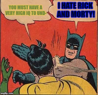 Batman Slapping Robin Meme | YOU MUST HAVE A VERY HIGH IQ TO UND-; I HATE RICK AND MORTY! | image tagged in memes,batman slapping robin | made w/ Imgflip meme maker