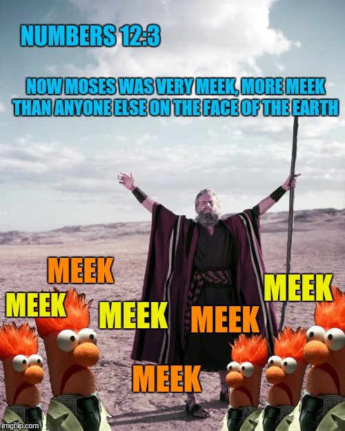 The meekest man on Earth. A Bible Series meme  | NUMBERS 12:3; NOW MOSES WAS VERY MEEK, MORE MEEK THAN ANYONE ELSE ON THE FACE OF THE EARTH; MEEK; MEEK; MEEK; MEEK; MEEK; MEEK | image tagged in memes,funny,moses,meek,bible,meep | made w/ Imgflip meme maker