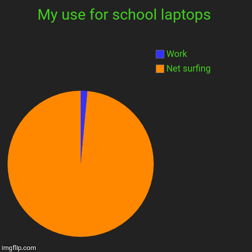 My use for school laptops | Net surfing, Work | image tagged in funny,pie charts | made w/ Imgflip chart maker