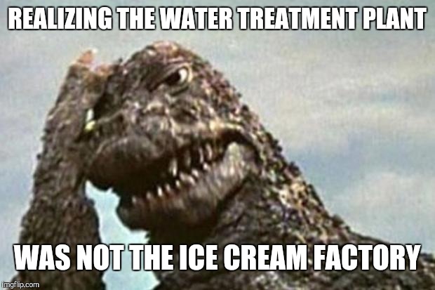 Godzilla | REALIZING THE WATER TREATMENT PLANT; WAS NOT THE ICE CREAM FACTORY | image tagged in godzilla | made w/ Imgflip meme maker