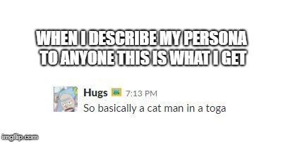 WHEN I DESCRIBE MY PERSONA TO ANYONE
THIS IS WHAT I GET | image tagged in cat man in a toga | made w/ Imgflip meme maker