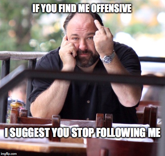 IF YOU FIND ME OFFENSIVE; I SUGGEST YOU STOP FOLLOWING ME | image tagged in gandolfini,go away,offensive | made w/ Imgflip meme maker
