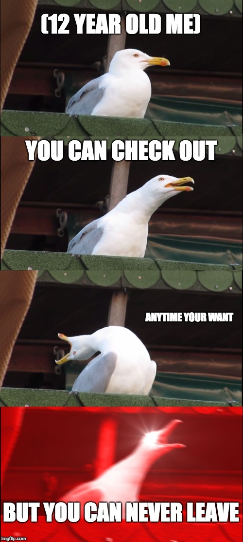 Inhaling Seagull Meme | (12 YEAR OLD ME); YOU CAN CHECK OUT; ANYTIME YOUR WANT; BUT YOU CAN NEVER LEAVE | image tagged in memes,inhaling seagull | made w/ Imgflip meme maker