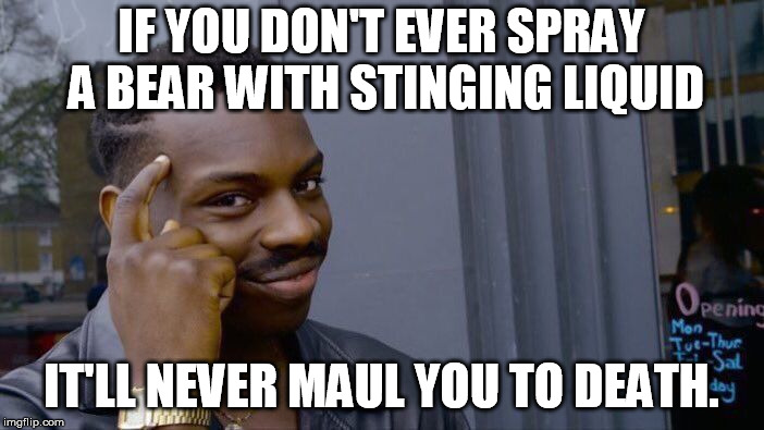 Please heed roll's warning. | IF YOU DON'T EVER SPRAY A BEAR WITH STINGING LIQUID IT'LL NEVER MAUL YOU TO DEATH. | image tagged in memes,roll safe think about it | made w/ Imgflip meme maker