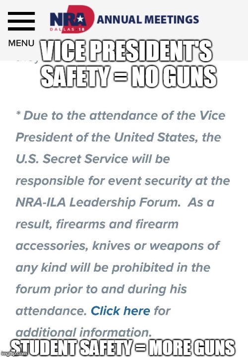 Guns banned at NRA convention.  That seems odd. |  VICE PRESIDENT'S SAFETY = NO GUNS; STUDENT SAFETY = MORE GUNS | image tagged in nra,guns | made w/ Imgflip meme maker