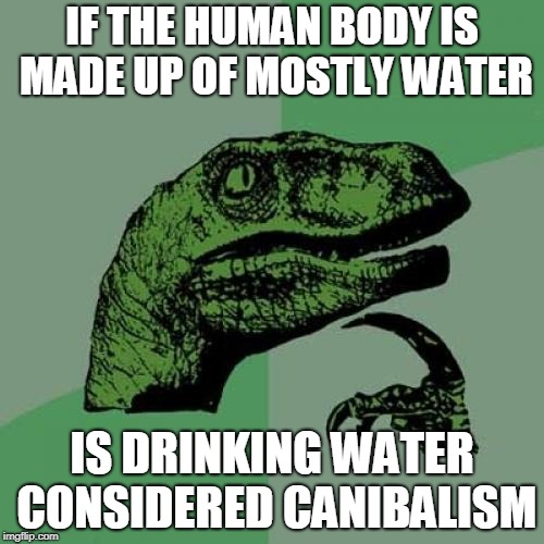 Philosoraptor Meme | IF THE HUMAN BODY IS MADE UP OF MOSTLY WATER; IS DRINKING WATER CONSIDERED CANIBALISM | image tagged in memes,philosoraptor | made w/ Imgflip meme maker