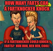 Beaver and Bum-Hole | HOW MANY FARTS CAN A FARTKNOCKER KNOCK; IF A FARTKNOCKER COULD KNOCK FARTS?  HUH HUH, HEH HEH, COOL! | image tagged in memes,funny,dank,beavis and butthead,fartknocker,cornholio | made w/ Imgflip meme maker