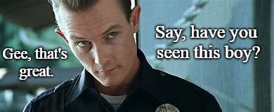 Have you seen him? | Say, have you seen this boy? Gee, that's great. | image tagged in terminator 2,funny,comeback | made w/ Imgflip meme maker