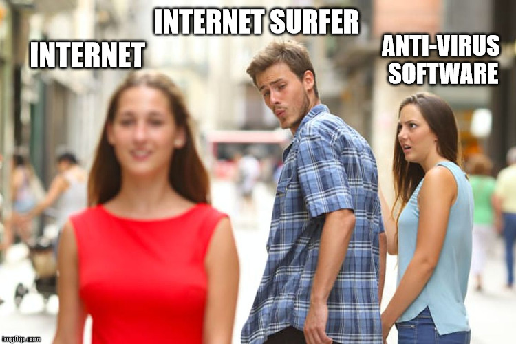 Distracted Boyfriend Meme | INTERNET SURFER; INTERNET; ANTI-VIRUS SOFTWARE | image tagged in memes,distracted boyfriend | made w/ Imgflip meme maker