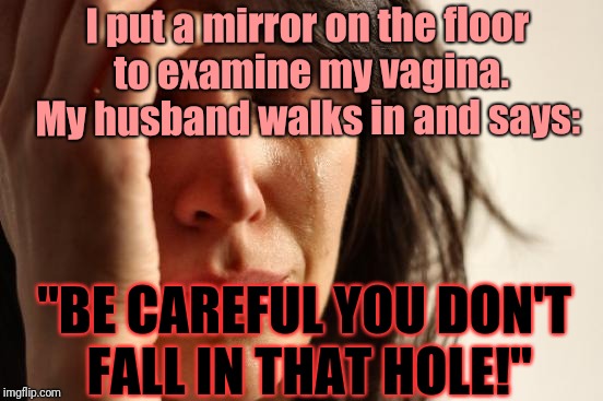 First World Problems Meme | I put a mirror on the floor to examine my vagina. My husband walks in and says:; "BE CAREFUL YOU DON'T FALL IN THAT HOLE!" | image tagged in memes,first world problems | made w/ Imgflip meme maker