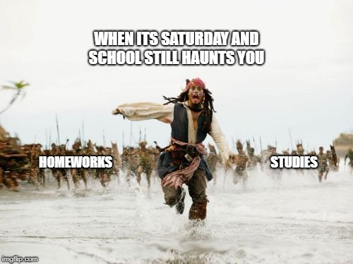 Jack Sparrow Being Chased | WHEN ITS SATURDAY AND SCHOOL STILL HAUNTS YOU; HOMEWORKS; STUDIES | image tagged in memes,jack sparrow being chased | made w/ Imgflip meme maker