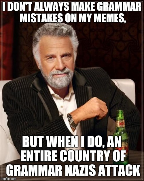 The Most Interesting Man In The World | I DON'T ALWAYS MAKE GRAMMAR MISTAKES ON MY MEMES, BUT WHEN I DO, AN ENTIRE COUNTRY OF GRAMMAR NAZIS ATTACK | image tagged in memes,the most interesting man in the world | made w/ Imgflip meme maker