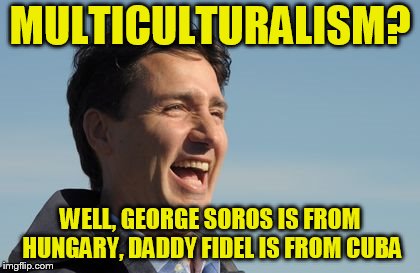 Justin Trudeau | MULTICULTURALISM? WELL, GEORGE SOROS IS FROM HUNGARY, DADDY FIDEL IS FROM CUBA | image tagged in justin trudeau | made w/ Imgflip meme maker