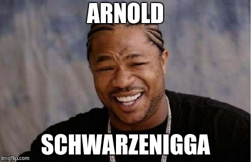 Arnold Schwarzenigga | ARNOLD; SCHWARZENIGGA | image tagged in memes,yo dawg heard you,arnold schwarzenegger | made w/ Imgflip meme maker