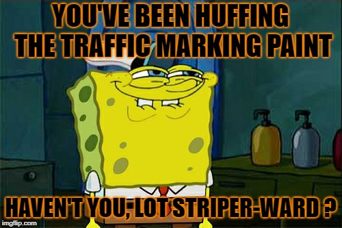 Don't You Squidward Meme | YOU'VE BEEN HUFFING THE TRAFFIC MARKING PAINT HAVEN'T YOU, LOT STRIPER-WARD ? | image tagged in memes,dont you squidward | made w/ Imgflip meme maker